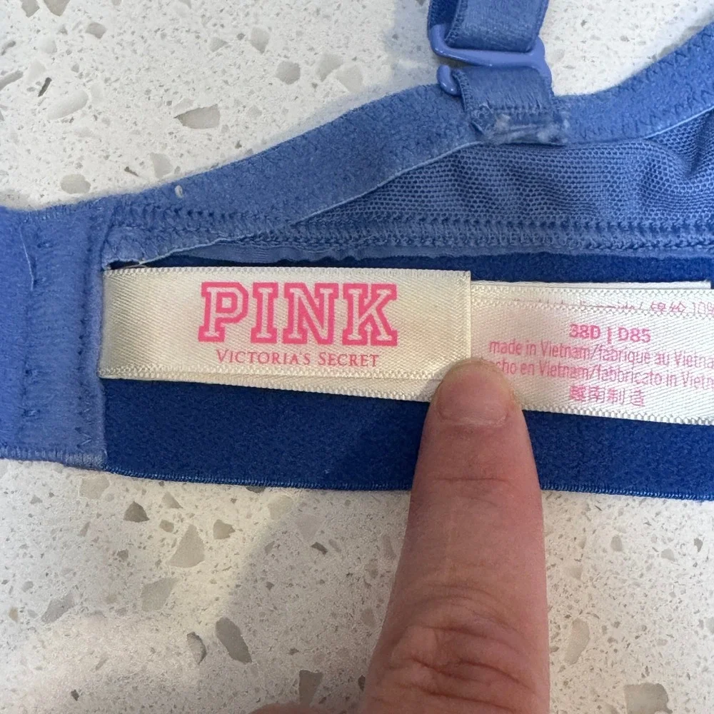 Victoria's Secret PINK Wear Everywhere T-Shirt Bra Blue Pink 38D Underwire Logo